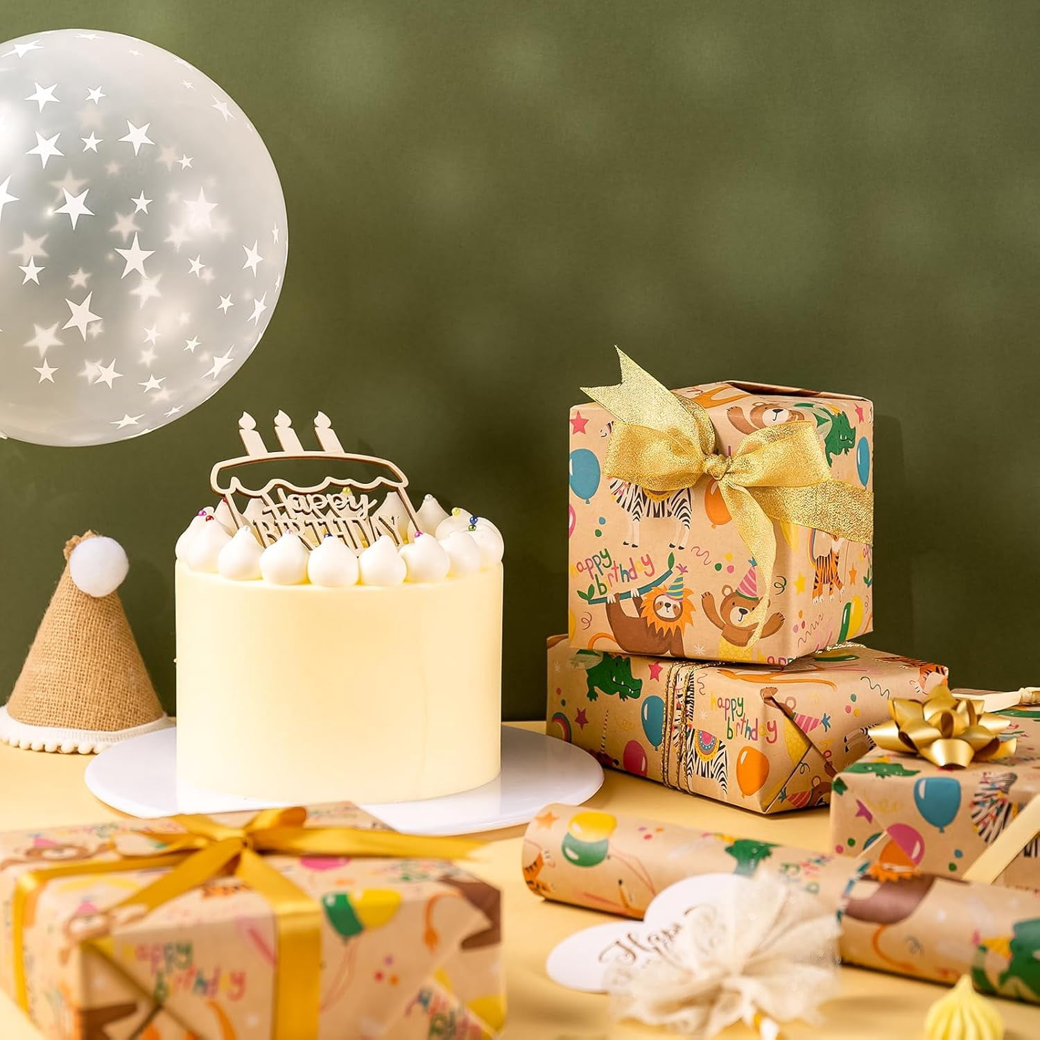 Kraft Animal Birthday Wrapping Paper Roll - Mini Roll - 17 Inch x 16.5 Feet - Animal Happy Birthday Wrapping Paper Perfect for Kids, Baby Shower