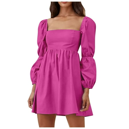 Blphud Trendy Dresses for Women 2024 Summer Dresses for Women 2024 Midi Dress for Women Women s Square Neck Long Sleeve Bubble Sleeve Dress Dress Women Hot Pink XXL