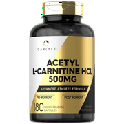Acetyl L-Carnitine HCL | 500mg | 180 Count  | Non- GMO and Gluten Free Supplement | By Carlyle
