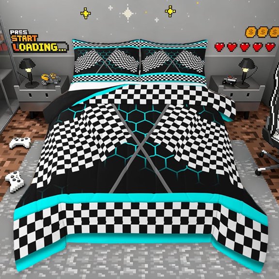 Erosebridal Gradient Cyan Honeycomb Bedding Twin Comforter Set, Sports Car Flag Down Comforter,Youth Teens Gamebedding Sets Twin With Comforter,Ultra Soft Room Decorative,2 Pieces Reversible