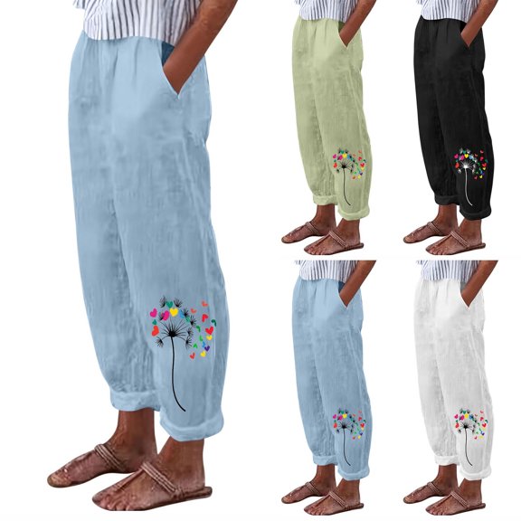 Ailaofu Women's Summer Fashion Printed Long Pants Elastic Waist Casual Trousers with Pockets for Daily Outings