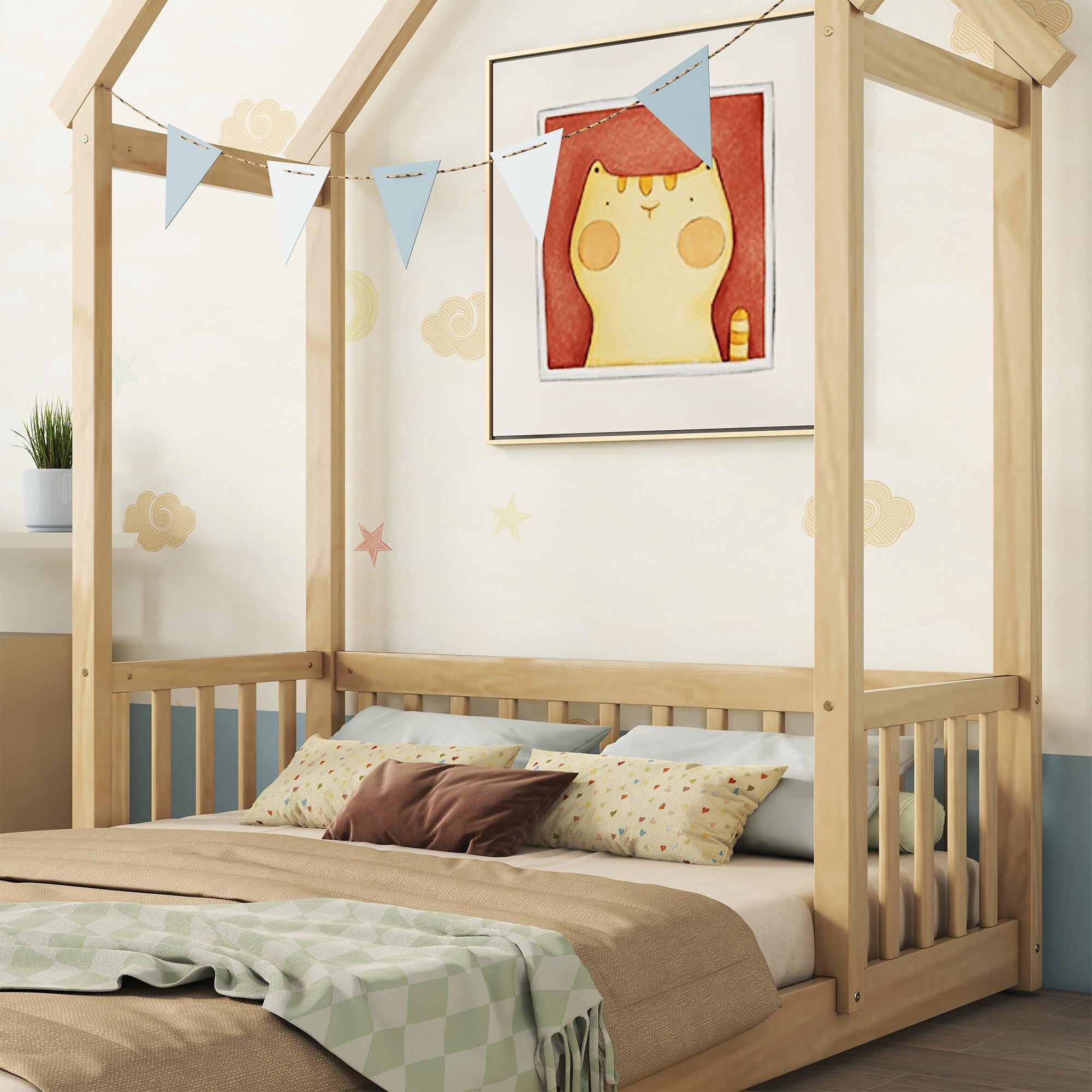 PORKISS Full Size Floor Bed for Kids, Wood Montessori Bed with House-shaped Roof, Natural