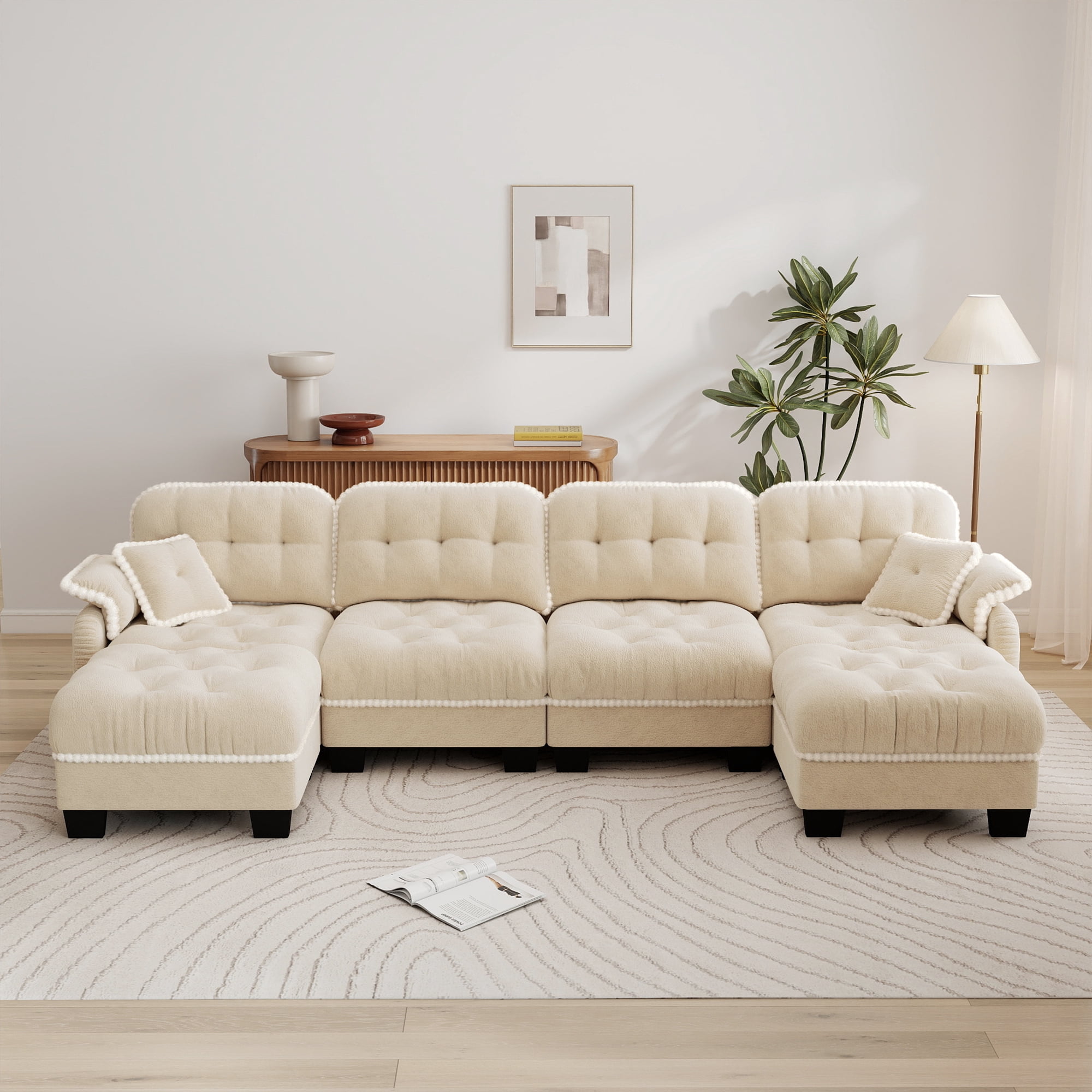 Aenkyo 131.5" Chenille Modular 4-Seater Sectional Sofa with 2 Movable Ottomans, Beige