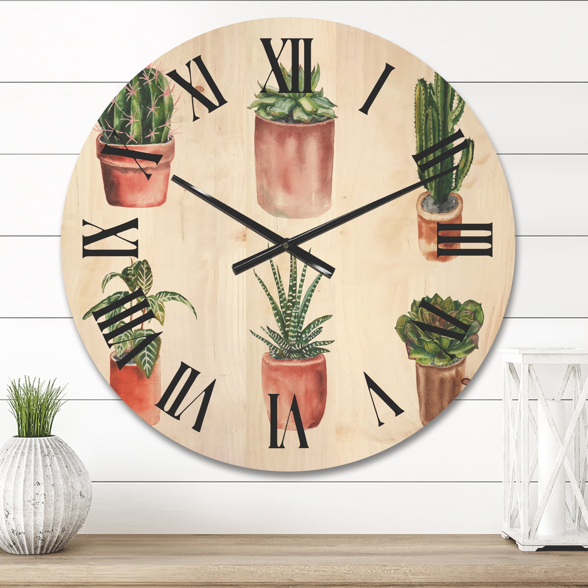 Designart 'Cactus and Succulents In A Clay Pot ' Traditional Wood Wall Clock