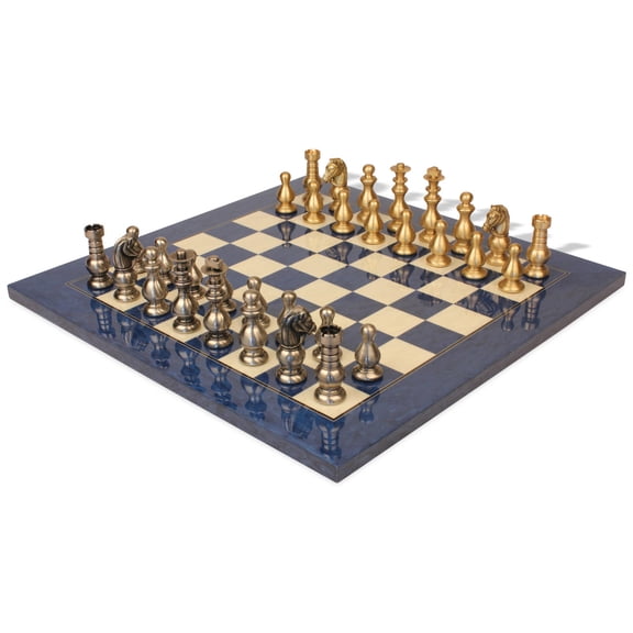 Classic French Staunton Brass Chess Set with Blue Ash Burl Chess Board