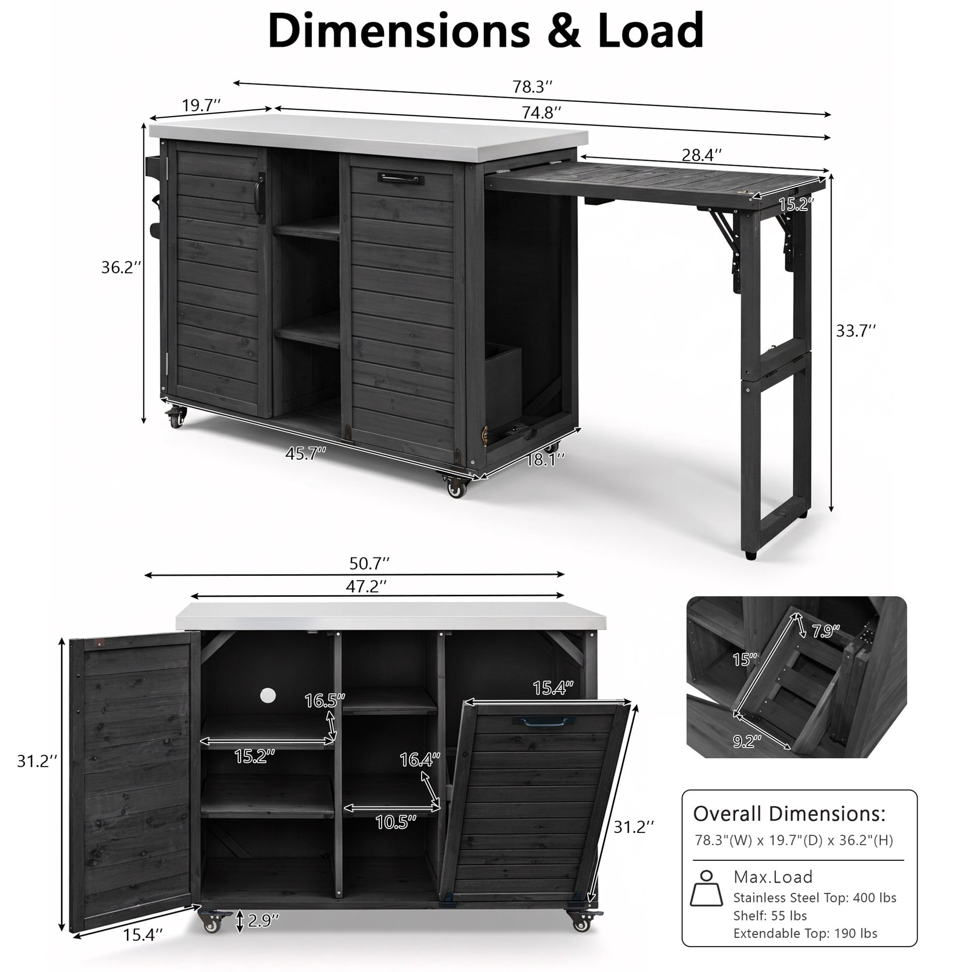 Euroco 78.3" Outdoor Kitchen Island with Foldable Grill Table, Wooden Outdoor Grill Cart with Trash Can Storage & Stainless Steel Top, Outdoor Bar Cart, Pizza Oven Table