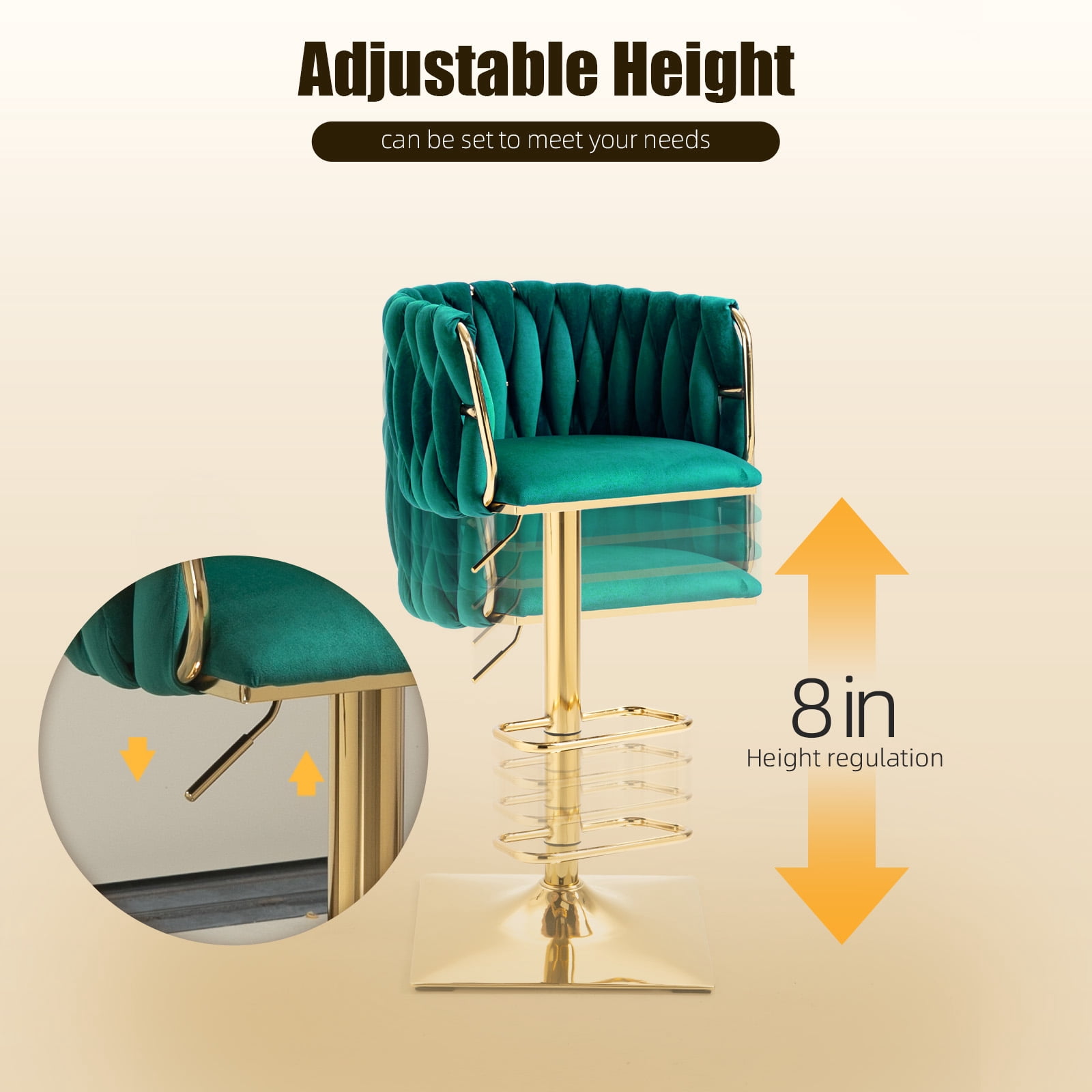 Villeston 360°Swivel Bar Stools Velvet Upholstered Adjustable Bar Chairs Set of 2 with Back & Footrest for Home and Kitchen,Emerald