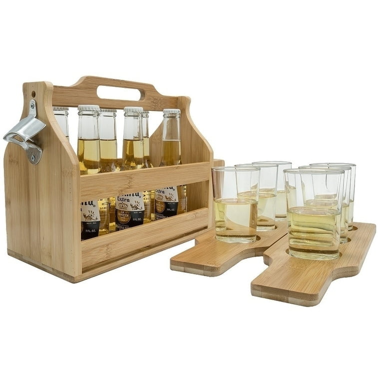 Sorbus Bamboo Wooden Bottle Caddy with Opener and 2 Sampler Boards, 6-Pack Drink Holder for Beer