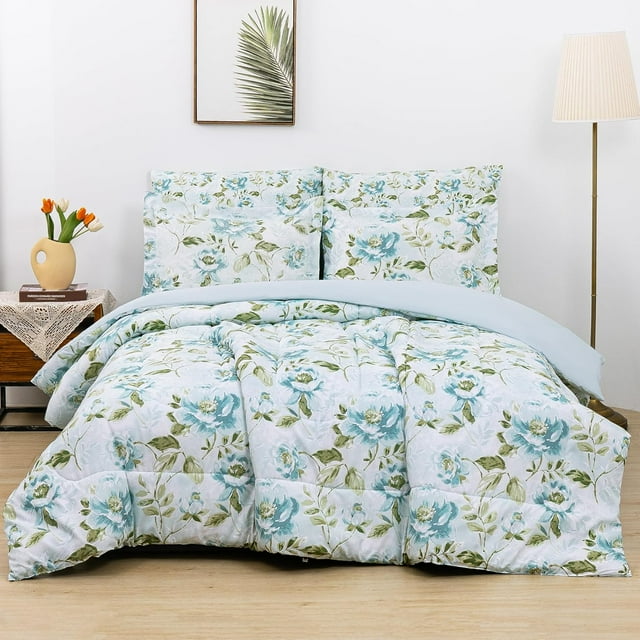 Floral Printed Queen Comforter Set with Sheets Lightweight Piece Bed in A Bag Comforter Set Vintage Yellow and Grey Flower Pattern Farmhouse Bedding Set