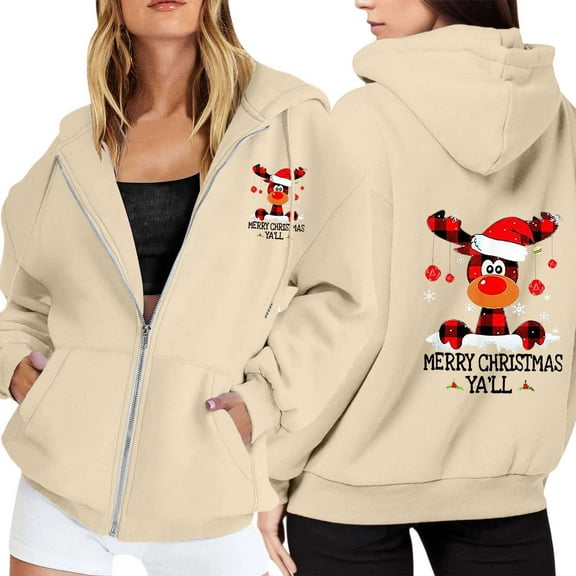 Womens Zip-up Hoodie Christmas Elk Print Long Sleeve Jackets Funny Xmas Holiday Funny Fall Winter Hooded Sweatshirts