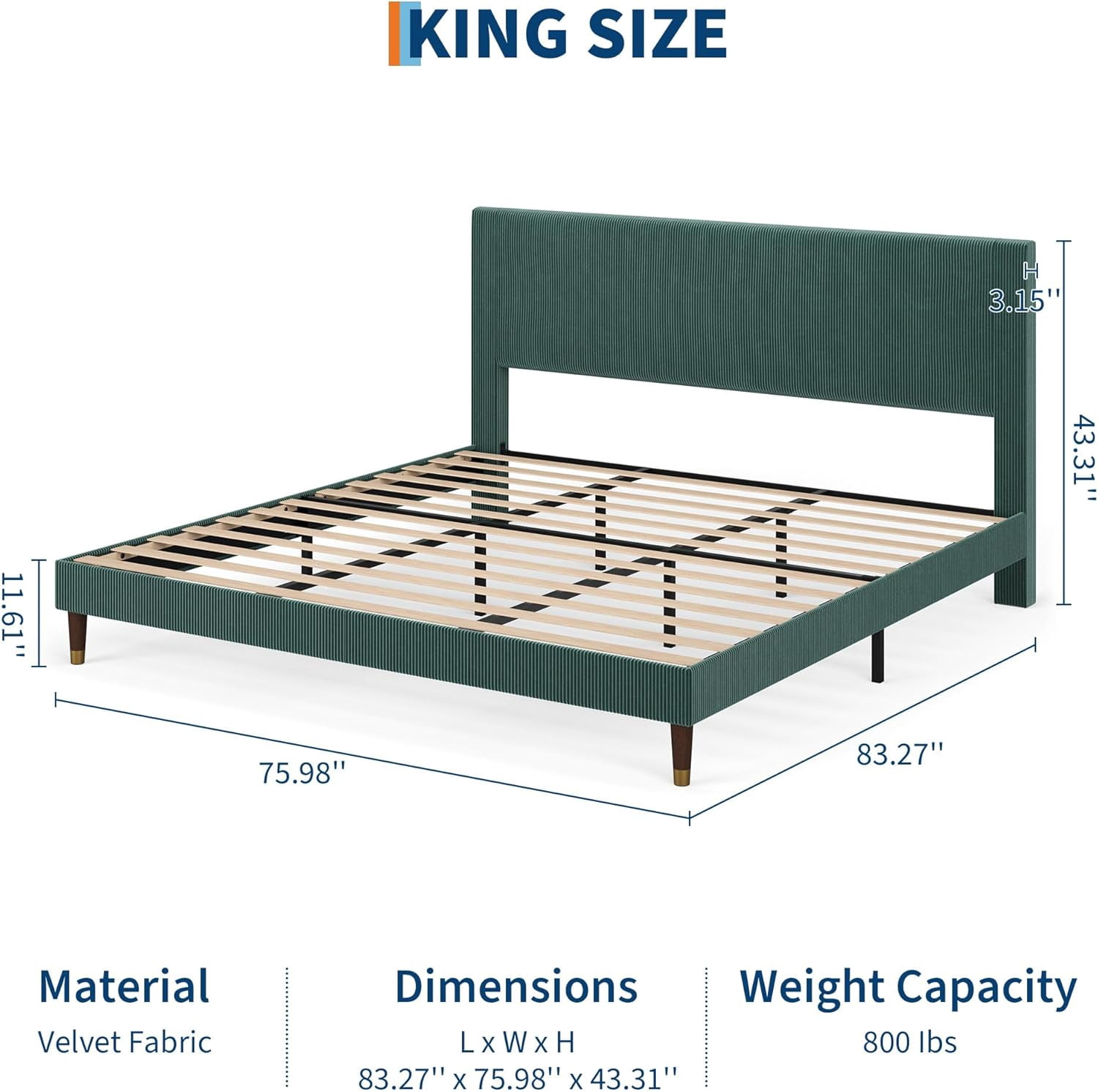 Acekid King Size Platform Bed Frame,Modern Bed Frame with Upholstered Headboard and Strong Metal Slats Support,No Boxing Spring Needed,Easy Assembly,Dark Green