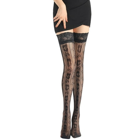 

Women Sexy Fishnet Thigh High Stockings with Silicone Lace Top Plaid Long Socks