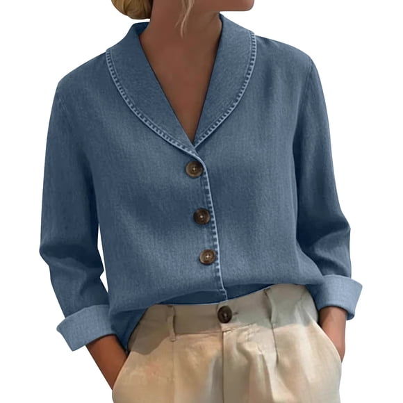 Women's Denim Shirt, Casual Loose Fit Long Sleeve Button Down Blouse, Solid Color Cotton-Linen Blend Top for Everyday Leisure Wear