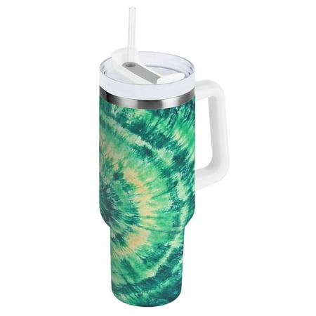 

30oz Travel Mug with Straw Car Bottle Insulated Mug with Handle Reusable Stainless Steel Water Bottle for Car Travel Home Vibrant Green Tie-dye