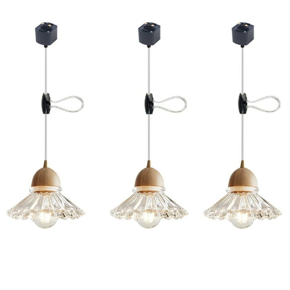 JLOWCO 3 Pack Adjustable Height H Type Track Lighting Pendants Ceiling Lights for Dining Room Wooden Glass Light Fixture Kitchen Lights Ceiling Hanging Over Table (LED Bulb Include)