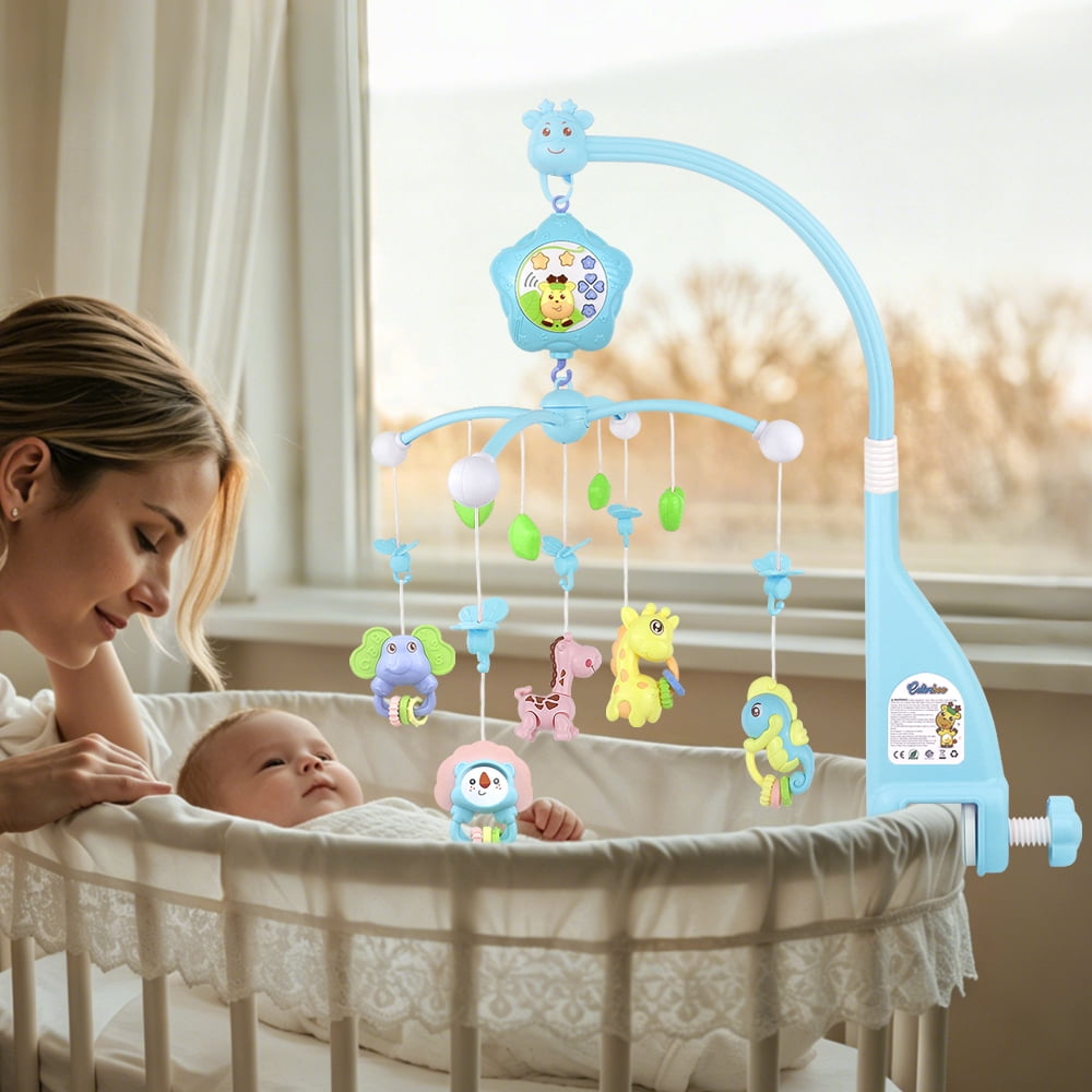 Baby Crib Mobile with Remote Control, Music, Star Planet Projector, 360° Rotation -  Musical Baby Mobile with Detachable Chewable Rattles & Teethers