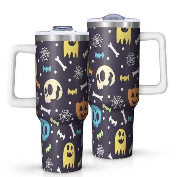 Colorful Halloween Icons Pattern Tumbler with Handle and Lid,40oz Double Wall Vacuum Insulated Tumbler,Cups Gift for Women and Men