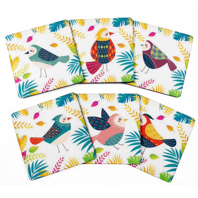 Inkdotpot Set of 6 Drink Coasters Easy Clean 4-inch SquareCoastersCork Base-Reusable- Birds