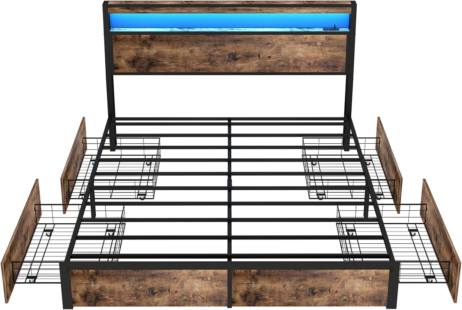 DRNANLIT King Size Bed Frame with 4 Drawers Storage, LED Bed Platform with Headboard, Charging Station, No Box Spring Needed, Vintage Brown