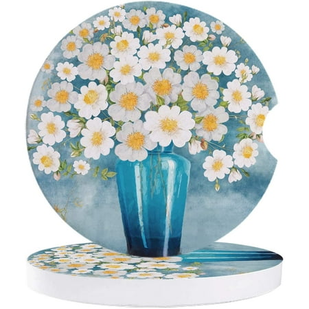 

ZHANZZK Vintage Style White Flower in Vase Set of 6 Car Coaster for Drinks Absorbent Ceramic Stone Coasters Cup Mat with Cork Base for Home Kitchen Room Coffee Table Bar Decor