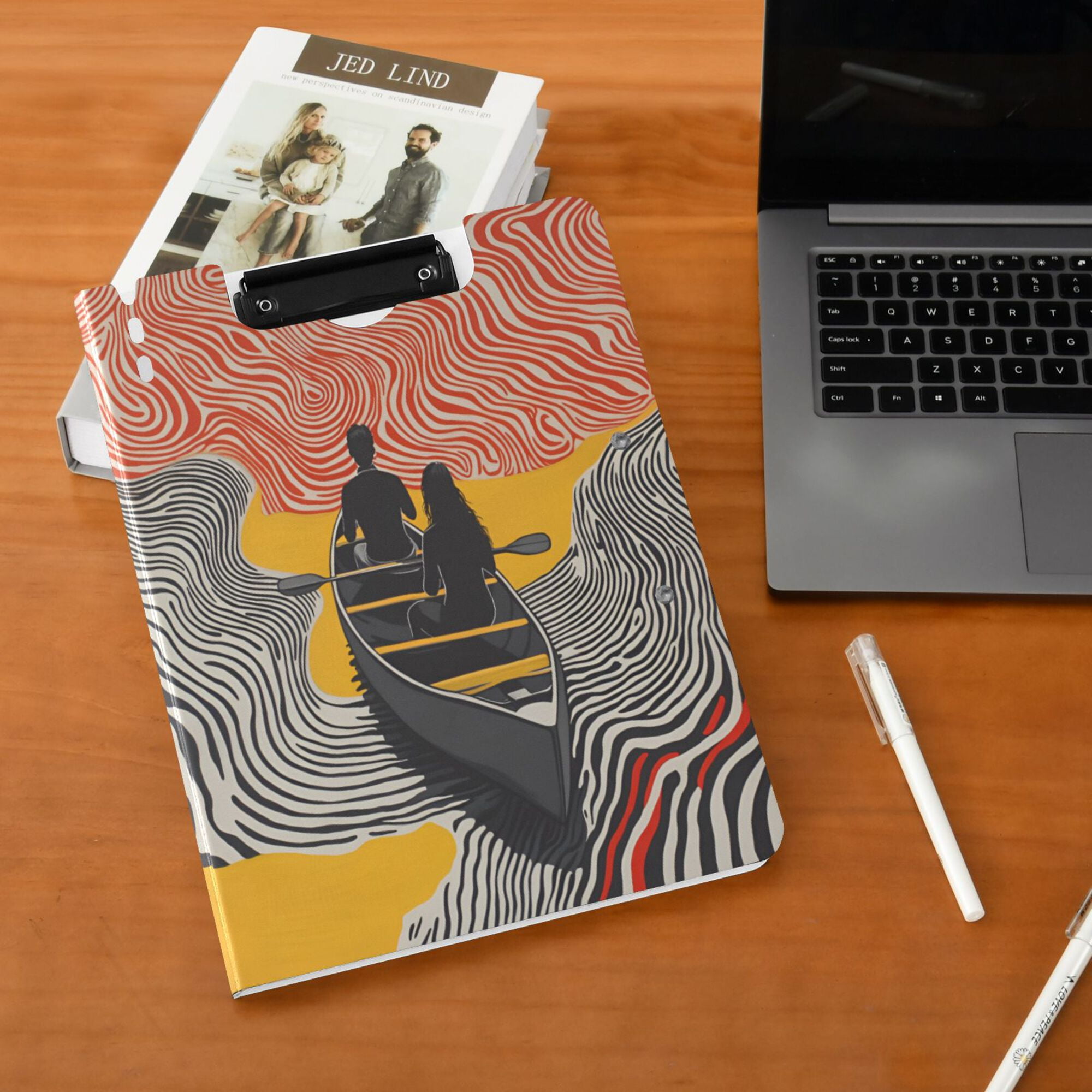 FORMRS A4 Clipboard Folder with Pen Holder Horizontal Foldable School Office Binder, Striped Boat
