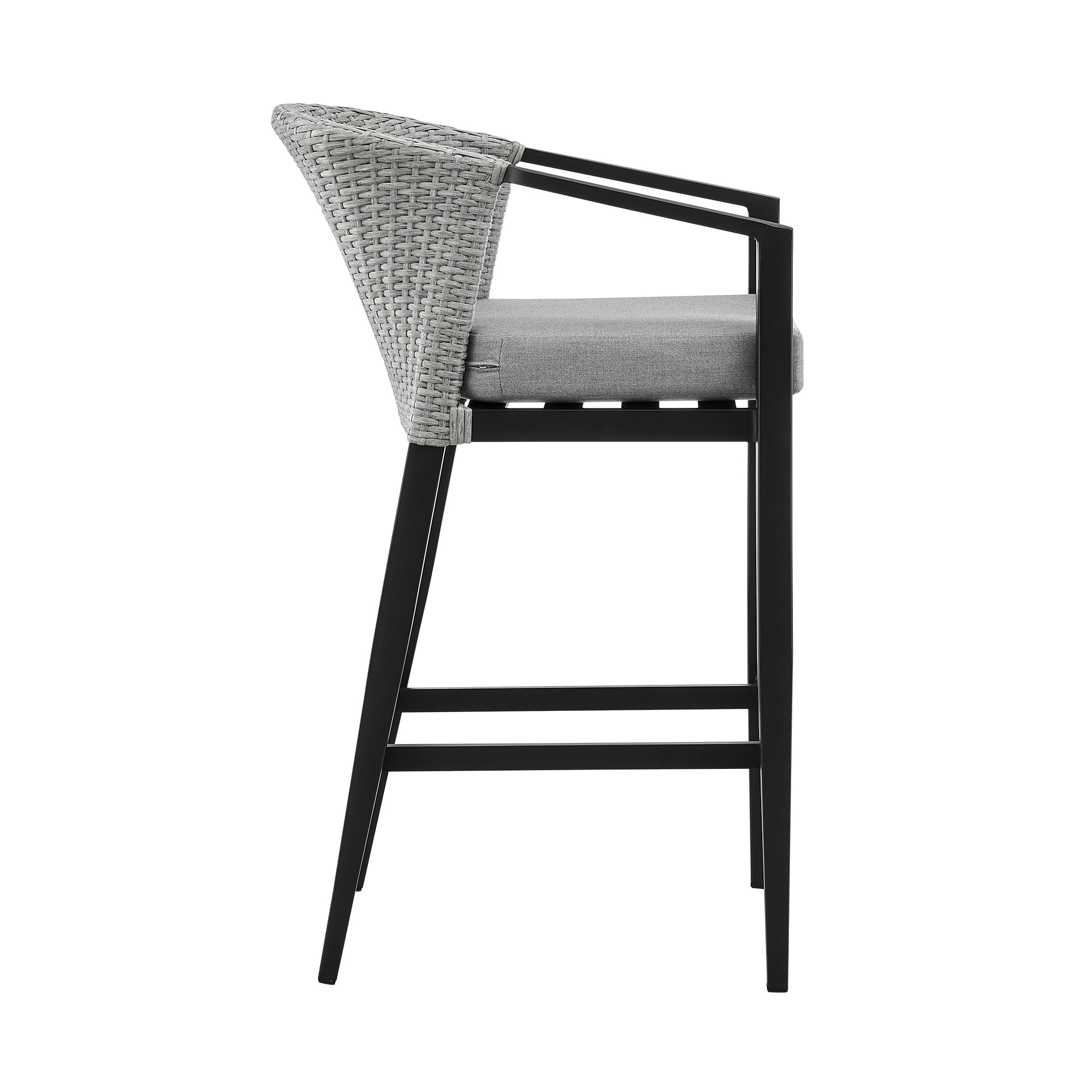 Palma Outdoor Patio Counter Height Bar Stool in Aluminum and Wicker with Gray Cushions - Set of 2
