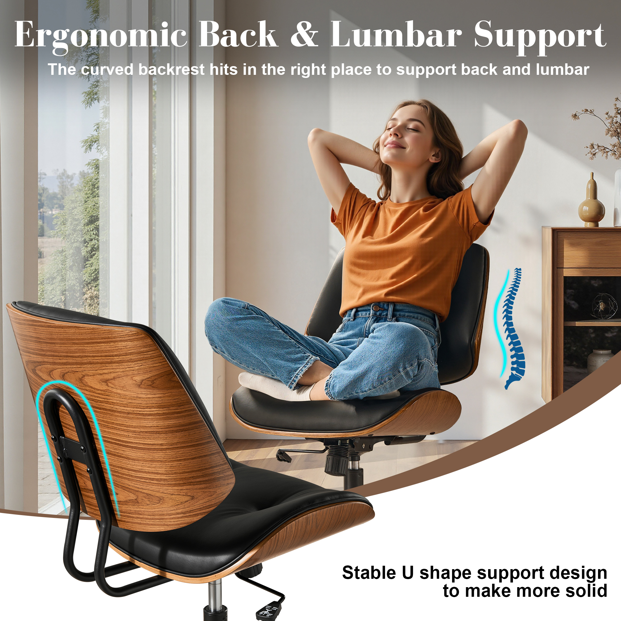 Toject Office Chair, Task Chair with Wooden Back, Mid-Century Modern Computer Chair, Armless Desk Chair for Home Office, Black