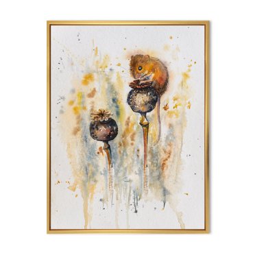 Designart 'Little Mouse Sitting On Poppies' Traditional Framed Canvas Wall Art Print