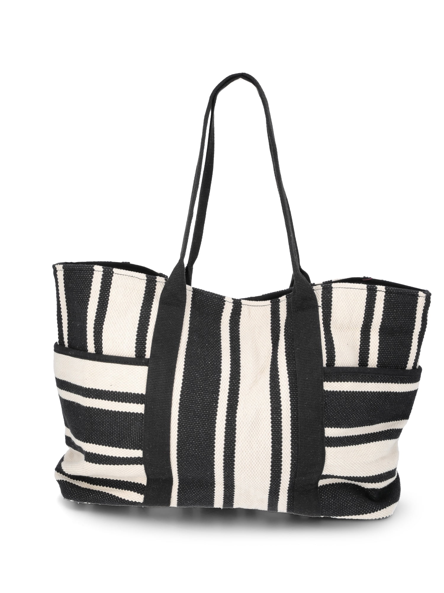 Time and Tru Women's Pocket Tote Handbag and Matching Pouch, Black and White Stripes