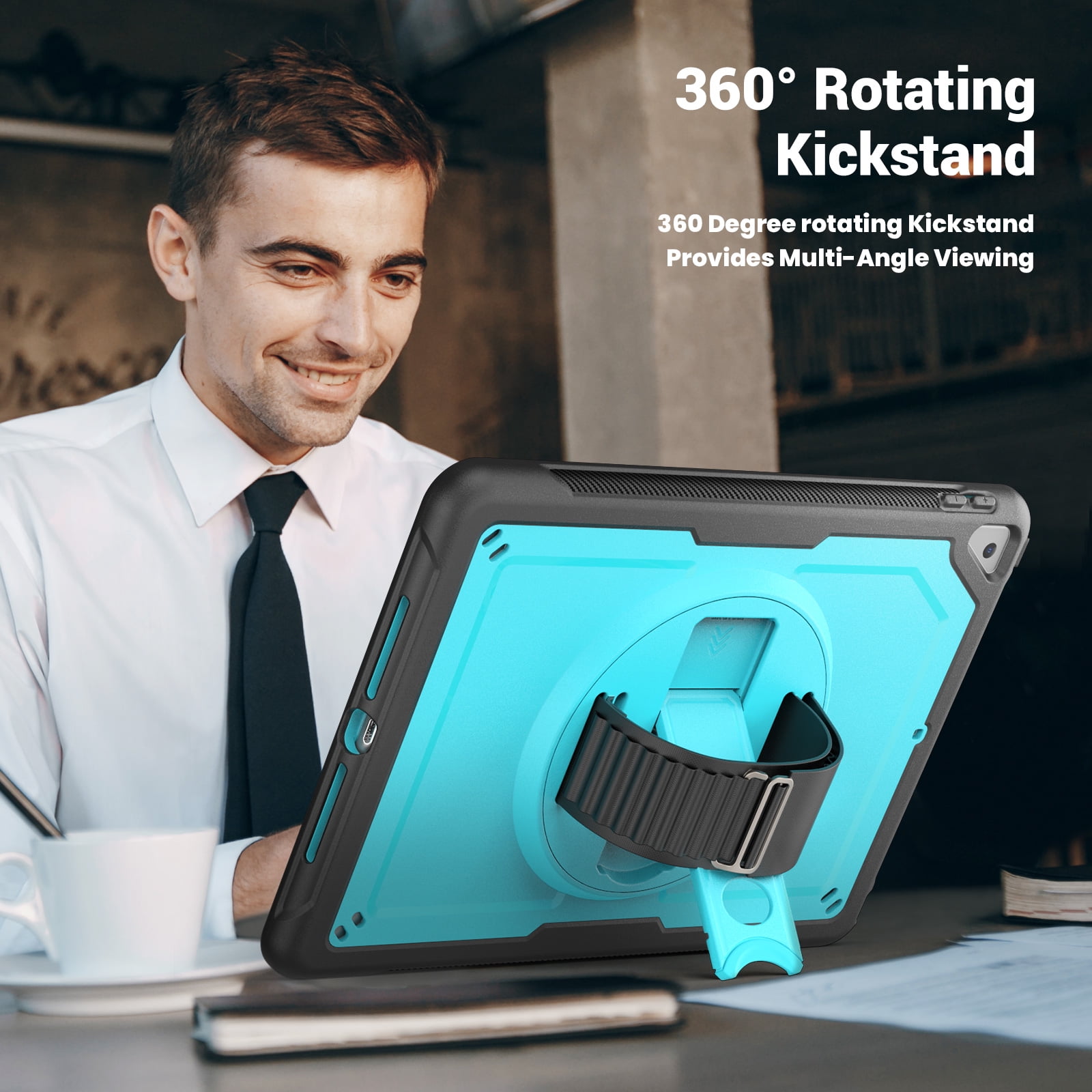 ELEHOLD Case for Apple iPad 10.2 2021/2020/2019 Pro 10.5'2017)(Air 3 10.5 (2019),Soft TPU Rugged Durable Case with 360° Rotating Hand Strap & Foldable Hidden Stand & Pencil Holder,Lightblue