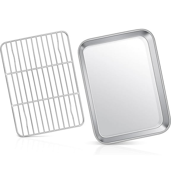 Toaster Oven Baking Pan with Rack, 9”x 6.7” Stainless Steel Small Baking Tray and Cooling Rack Set, Great for Cookies/Bacon/Steaks, Non Stick & Dishwasher Safe, Rust Free & Non Toxic