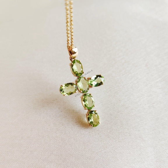 14K Solid Gold Natural Peridot Cross Pendant, August Birthstone