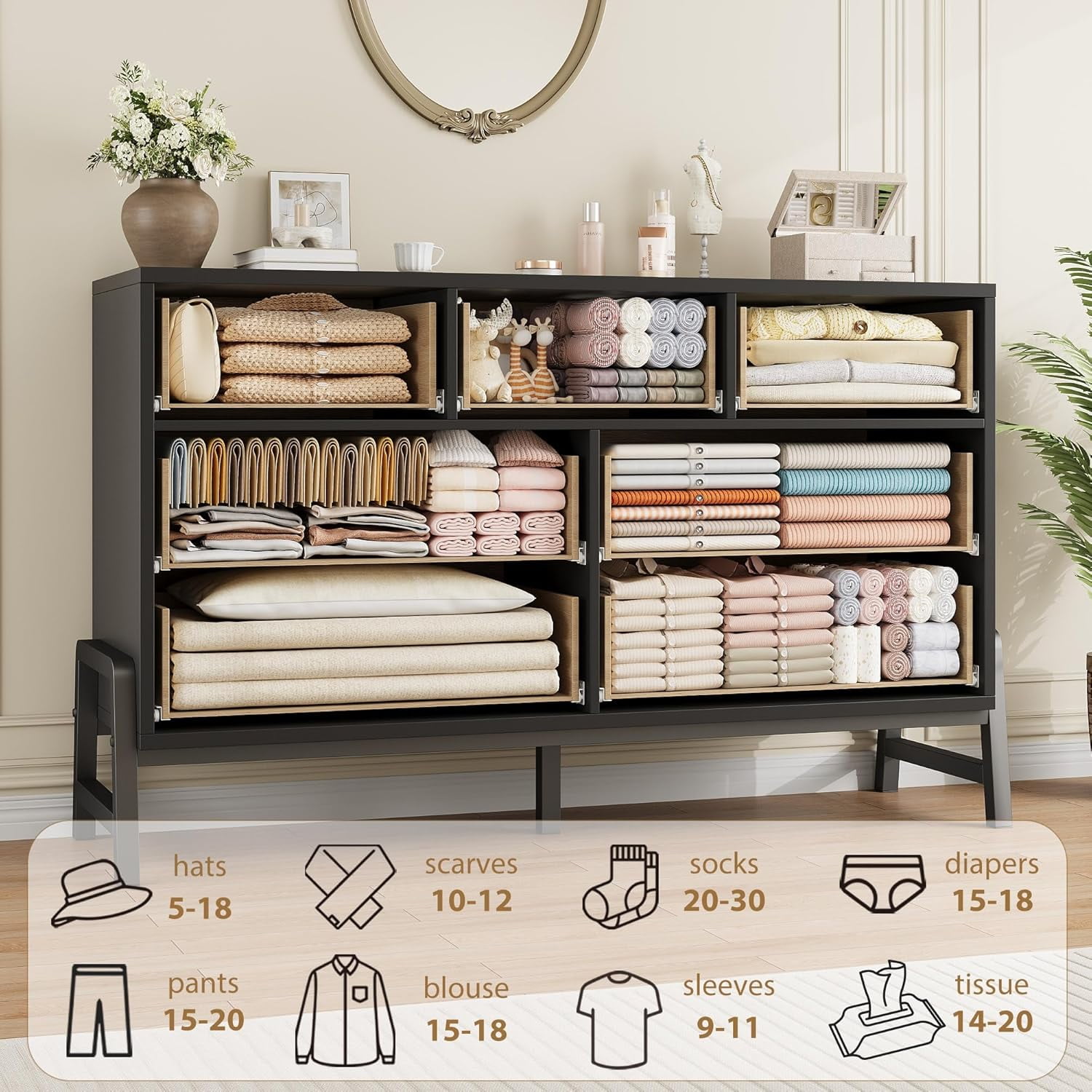 Hetoy 7 Dresser for Bedroom, 52" Wide Dresser, Wide Drawer Dresser with Storage Freestanding, Wooden Closet Dresser Storage Dresser Chest for Living Room, Bedroom, Entryway, Oak+Black