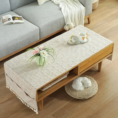 

European Style Cotton Linen Fabric Table Cover With Pockets Lattice Tablecloth With Tassels Washable Rectangular Tablecloth Suitable For Tea Table-C-60*160cm