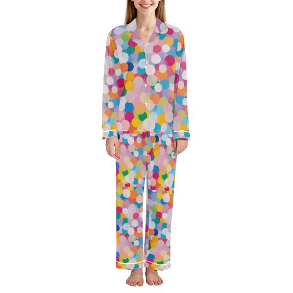 FORMRS Womens Pajama Set Long Sleeve Top and Pants with Pockets Soft Comfy Lounge Sleepwear, Sizes S-2XL, Purple Colorful Circles