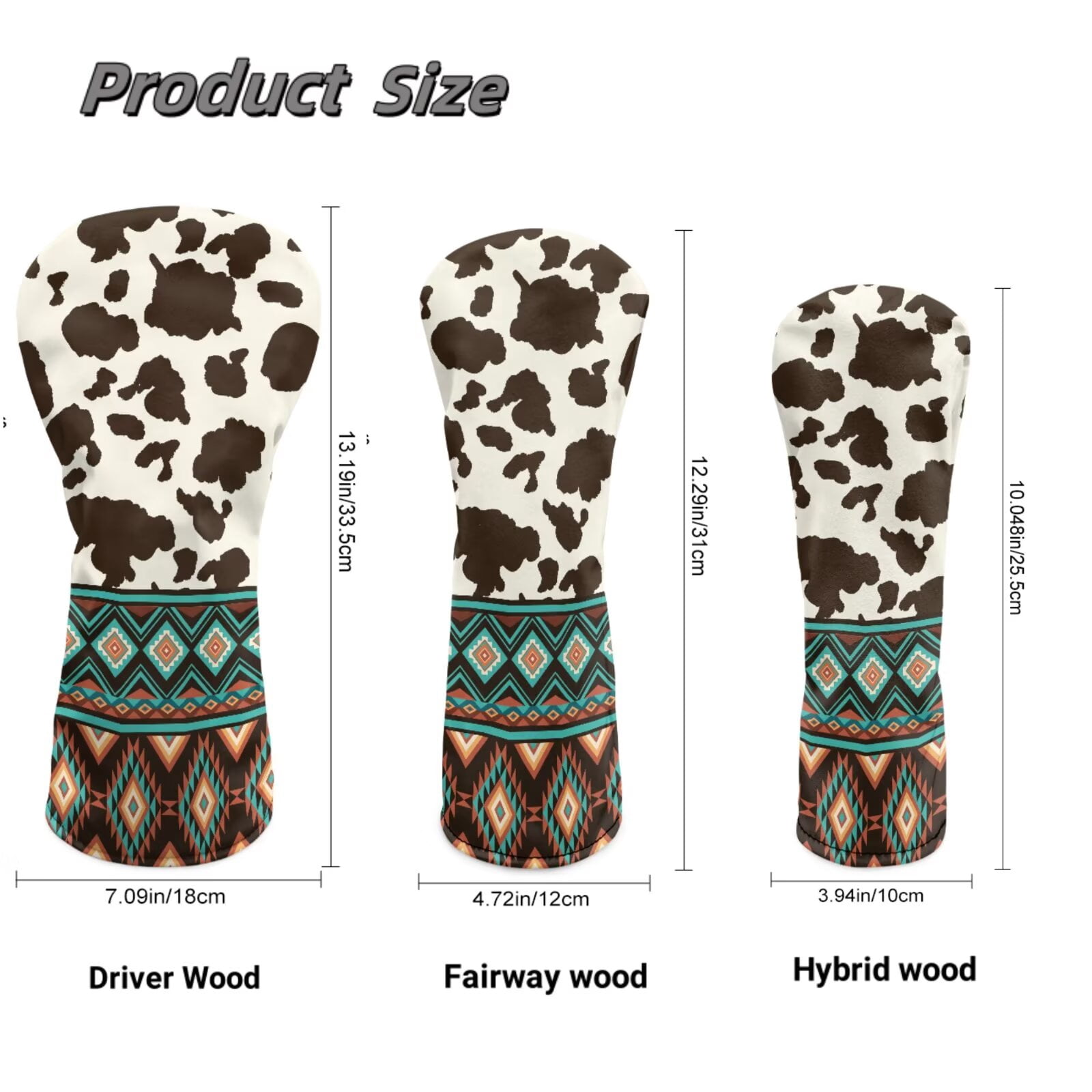 Uorisanigo Golf Club Head Covers, 3Pcs Golf Club Headcovers Set with Soft Lining, Fairway Wood Head Cover, Aztec Cow Print Driver Headcover PU Waterproof Accessories Gift for Women Men