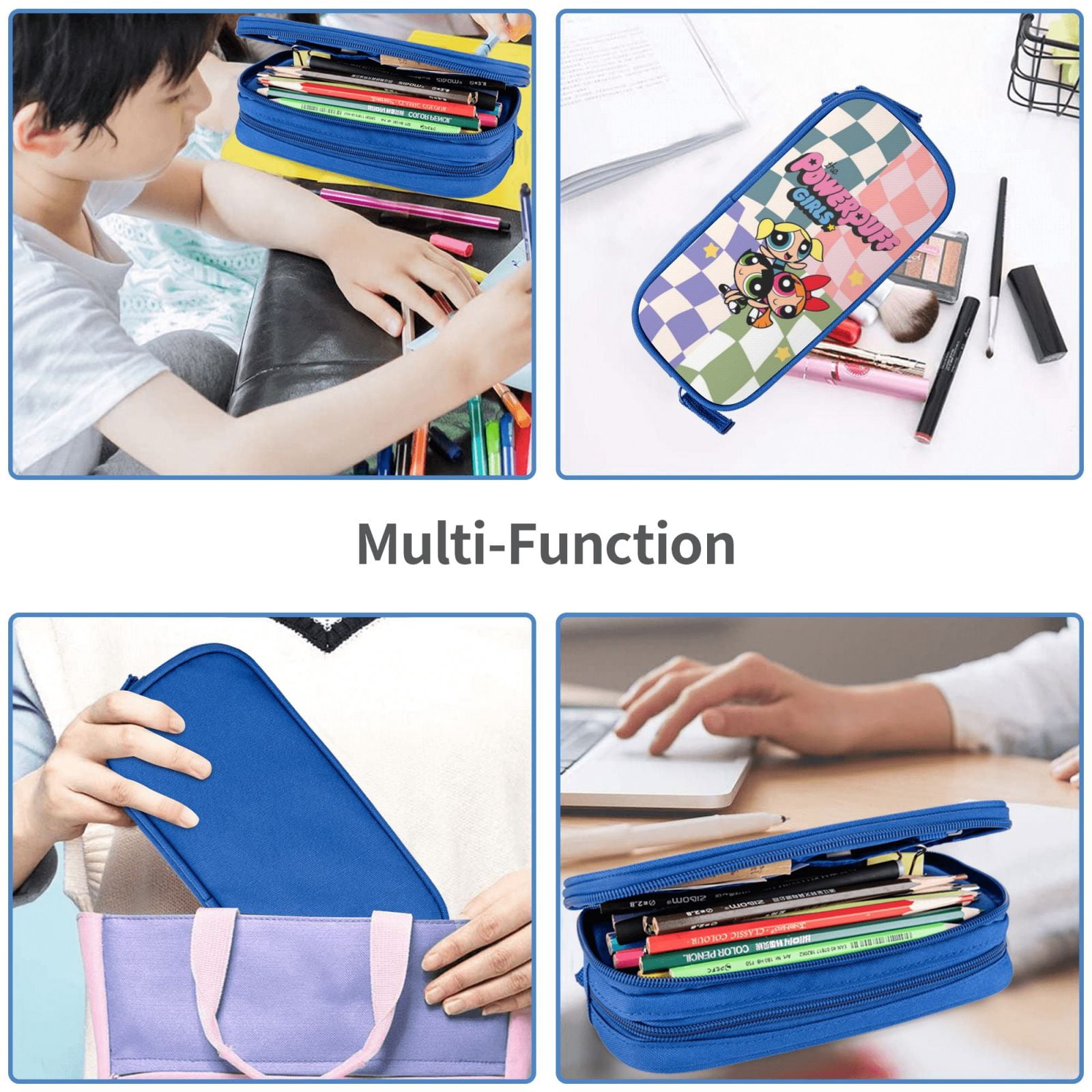 The Powerpuff Gi-rls Pencil Case Large Capacity Pencil Pouch Penbag Office Stationery Organizer Travel Makeup Bag Blue
