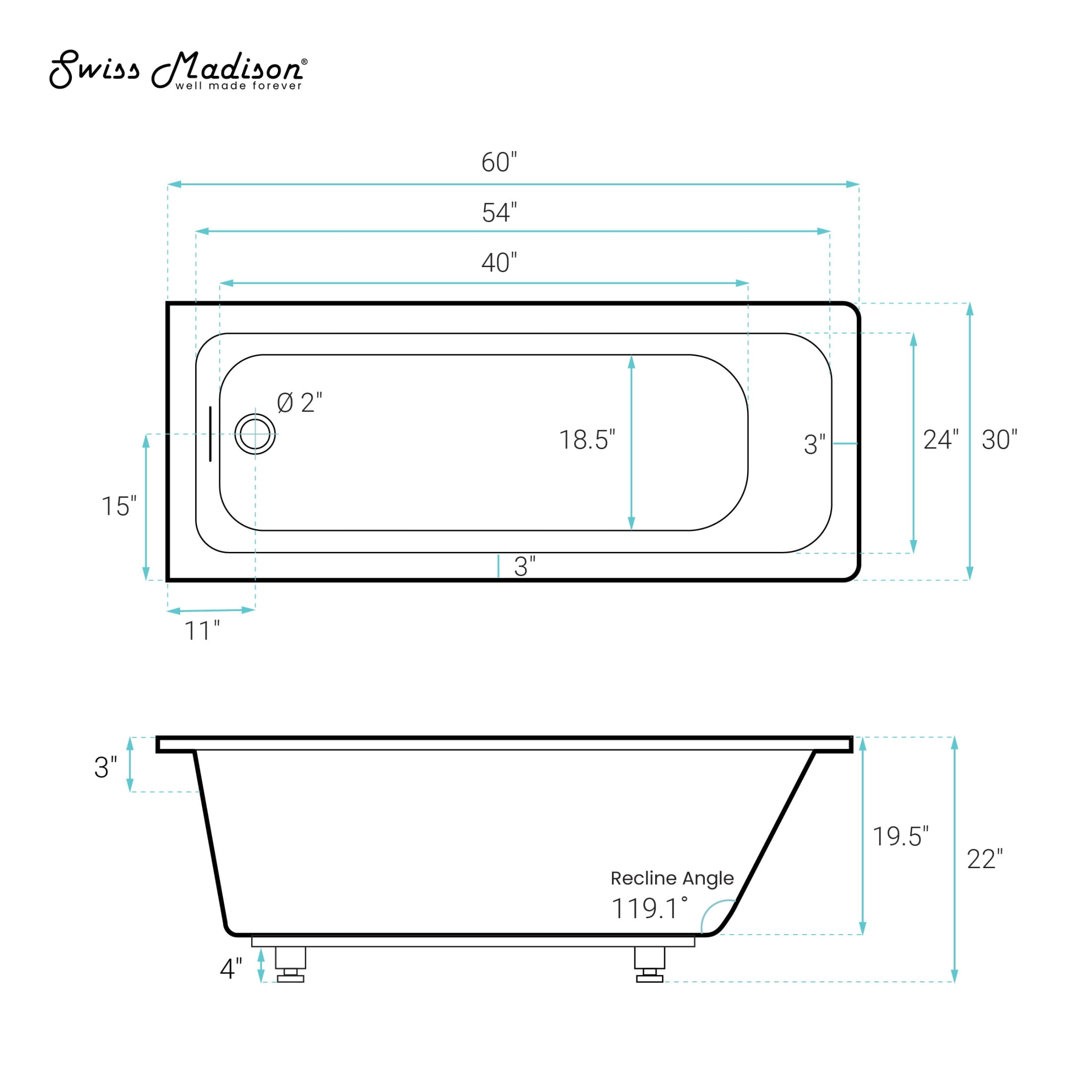 Voltaire 60 x 30 Reversible Drain Soaking Drop-in Bathtub in Glossy White with Integrated Overflow, Drain Included
