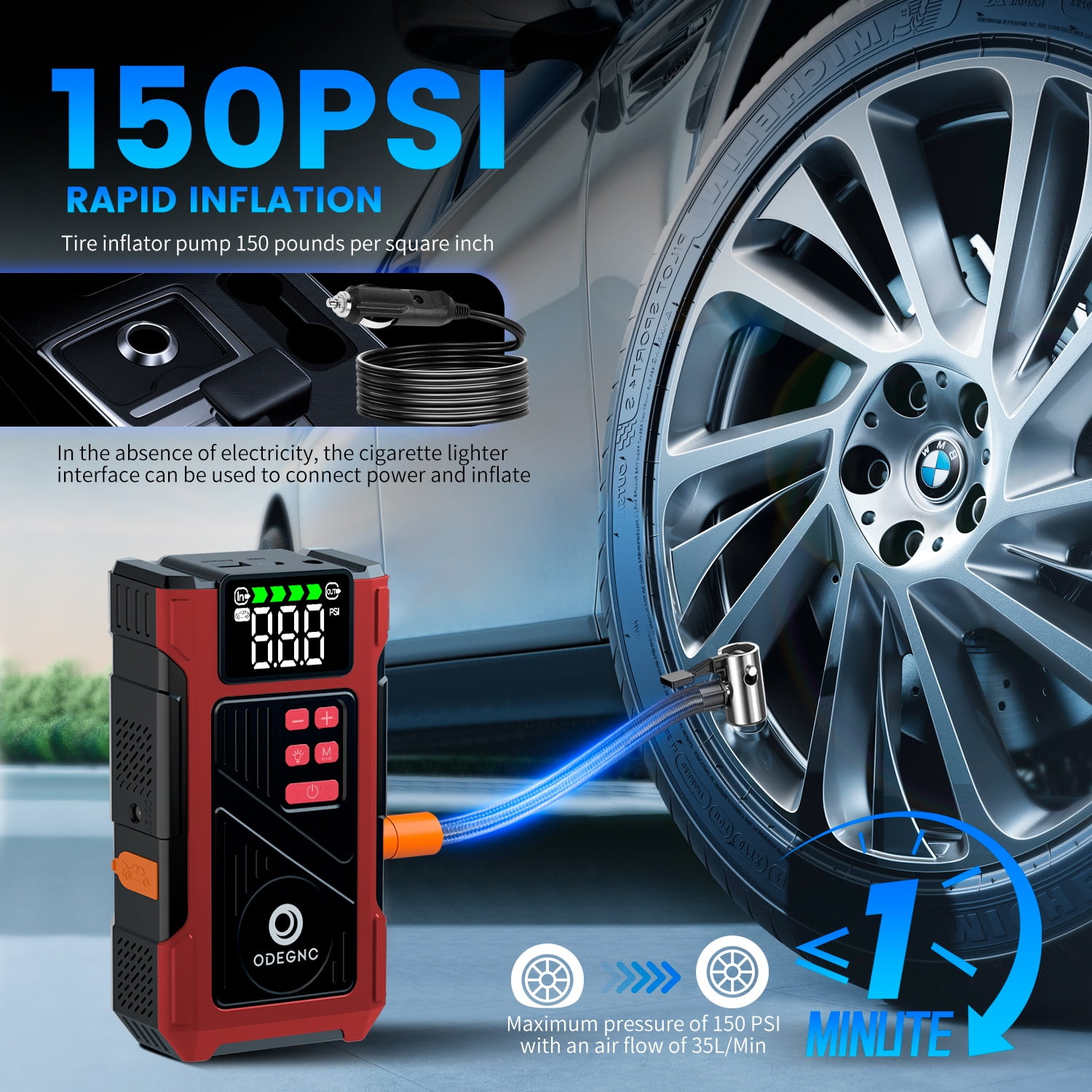 ODEGNC 6000A Car Battery Jump Starter with Air Compressor 25000mAh 150PSI Portable Air Pump for Vehicles & Emergency