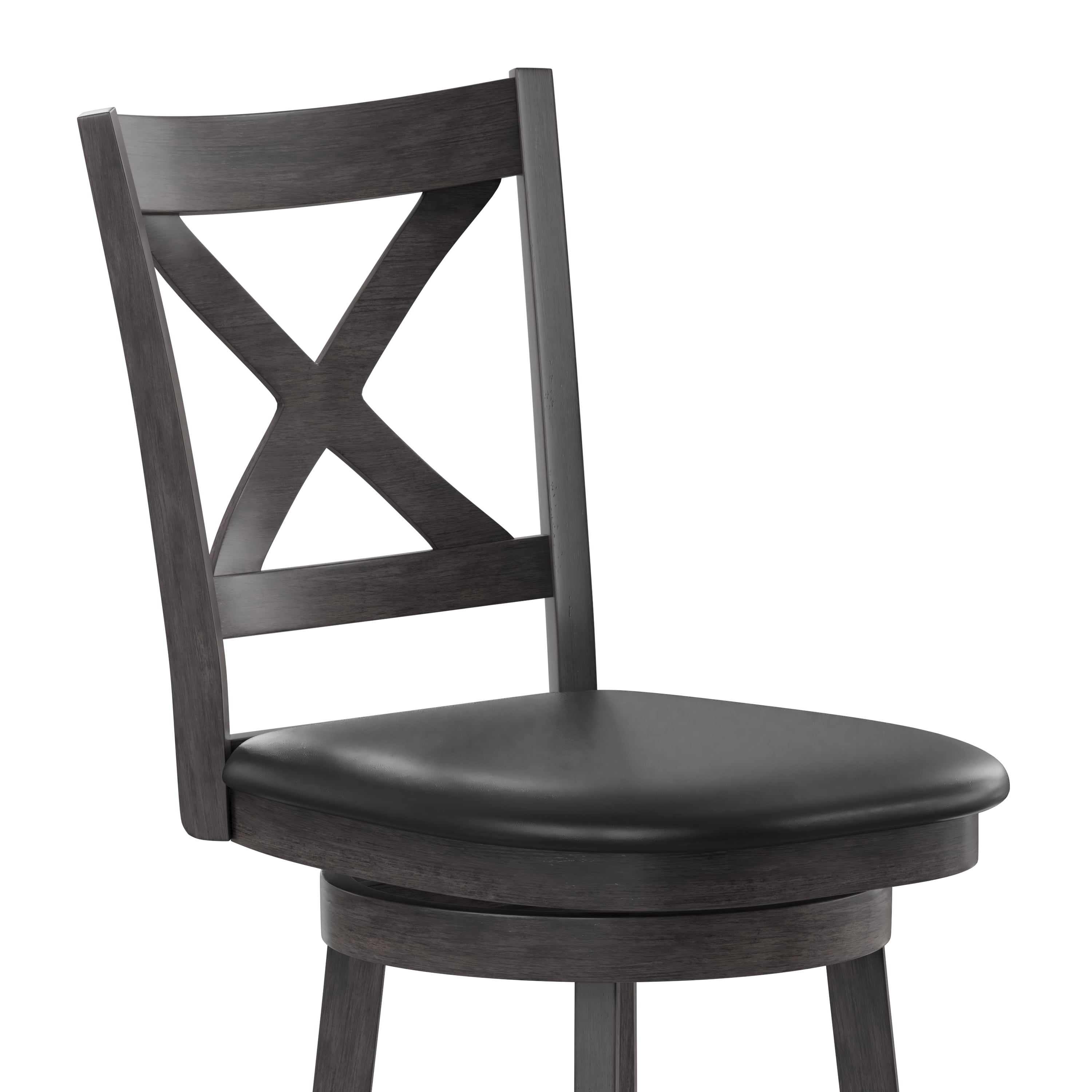 Merrick Lane 30" Gray Wash Walnut Classic Wooden Crossback Swivel Bar Height Pub Stool with Black Faux Leather Padded Seat and Integrated Footrest