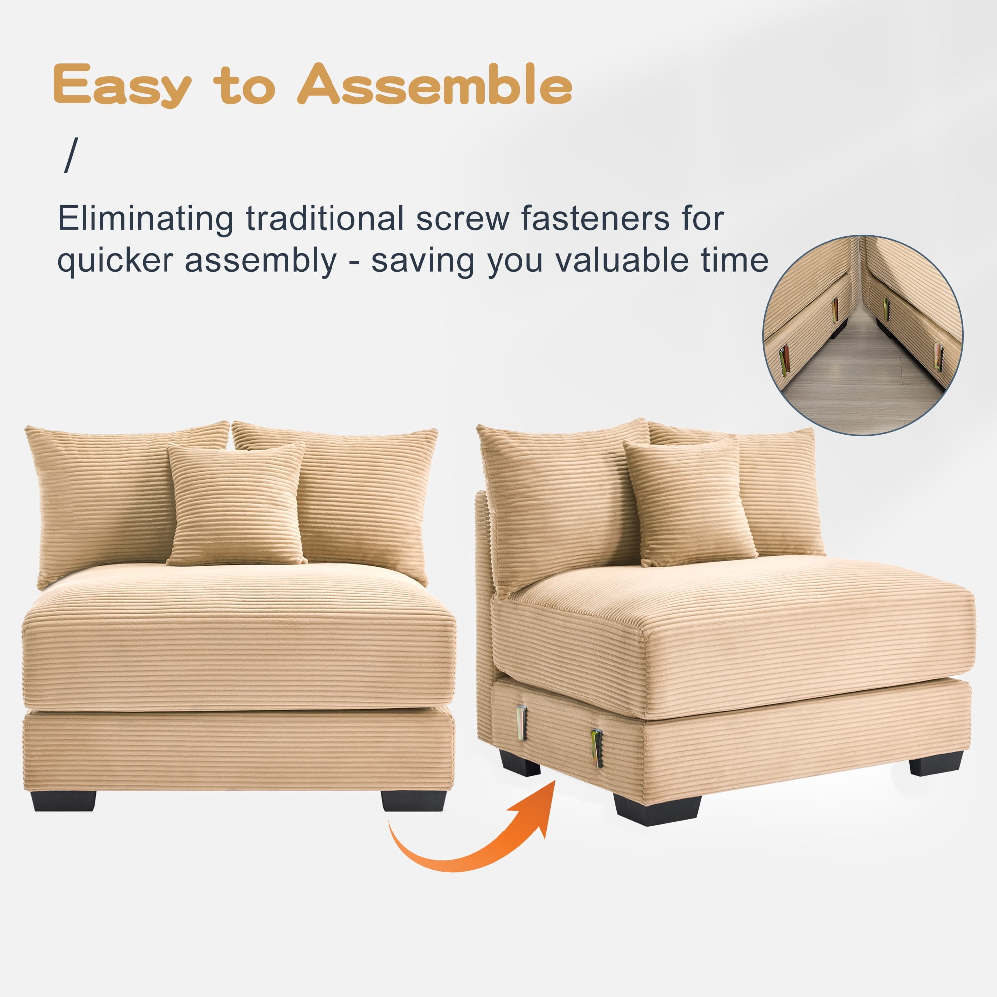 Anpport 130" Cloud Modular 3-Seater Camel Corduroy Sofa, Washable Removable Covers, Double-Layer Thick Cushions, Wide Armrest, Apartment