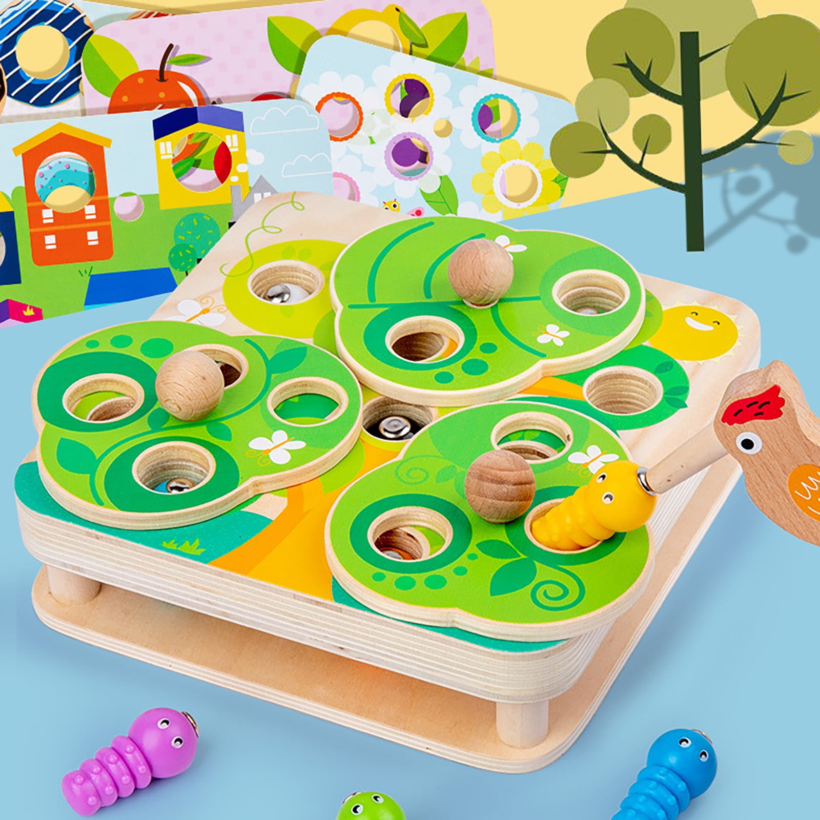 HUAhuako Catch Caterpillar Worms Game Wooden Magnetic Woodpecker Educational Kids Toy Ages 2 Years Old and Up 