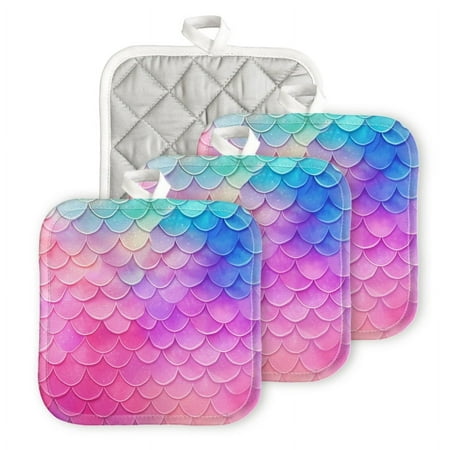 

Bahomeck Pot Holder 4Pcs Beautiful Mermaid Scales Pattern Square Heat Resistant Hot Pads For Kitchen Cooking Oven With Hanging Loop Potholder Easy To Store