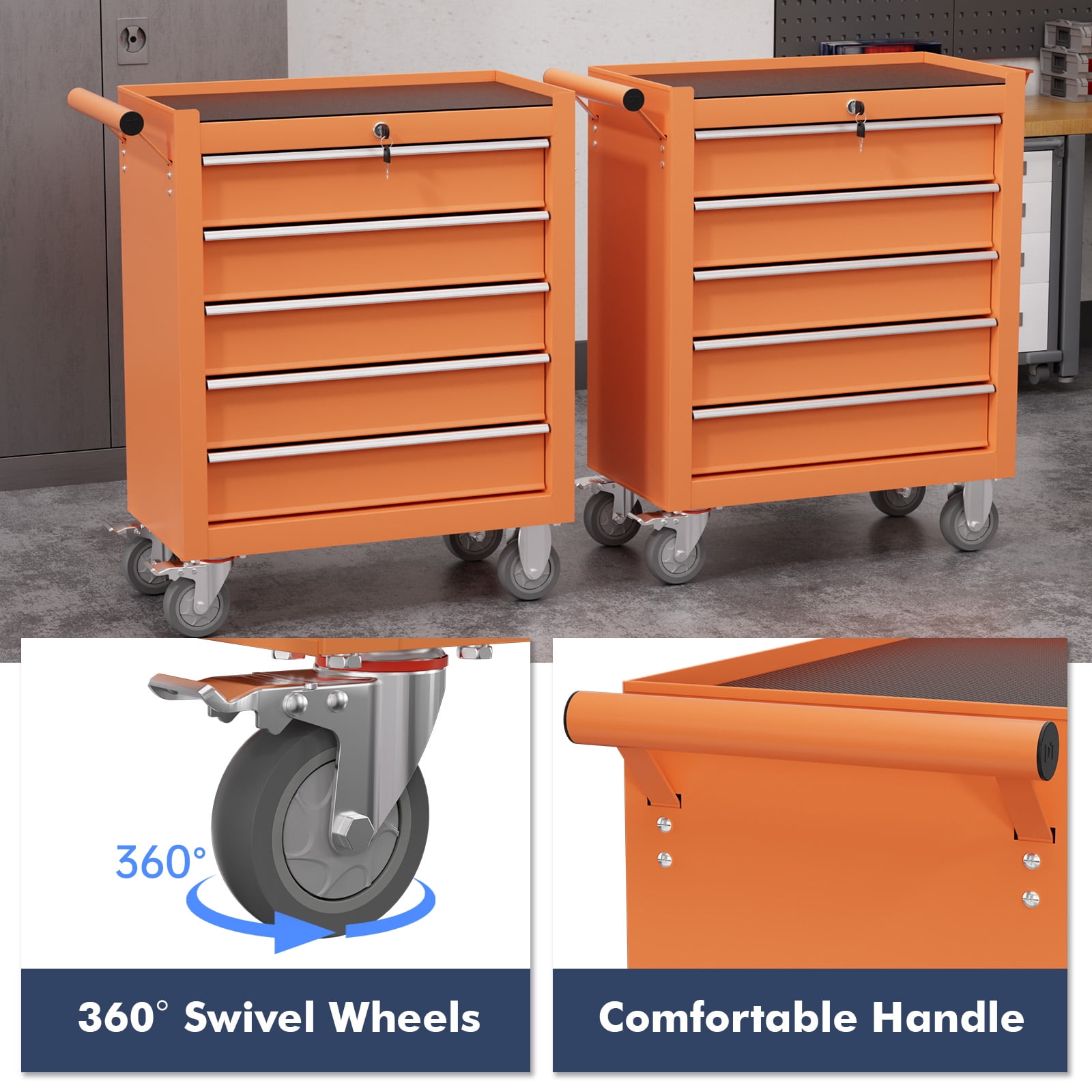 5-Drawer Tool Chest,Rolling Tool Cart with Wheels,High Capacity Tool Cabinet with Locking System for Garage, Warehouse, Workshop-Orange