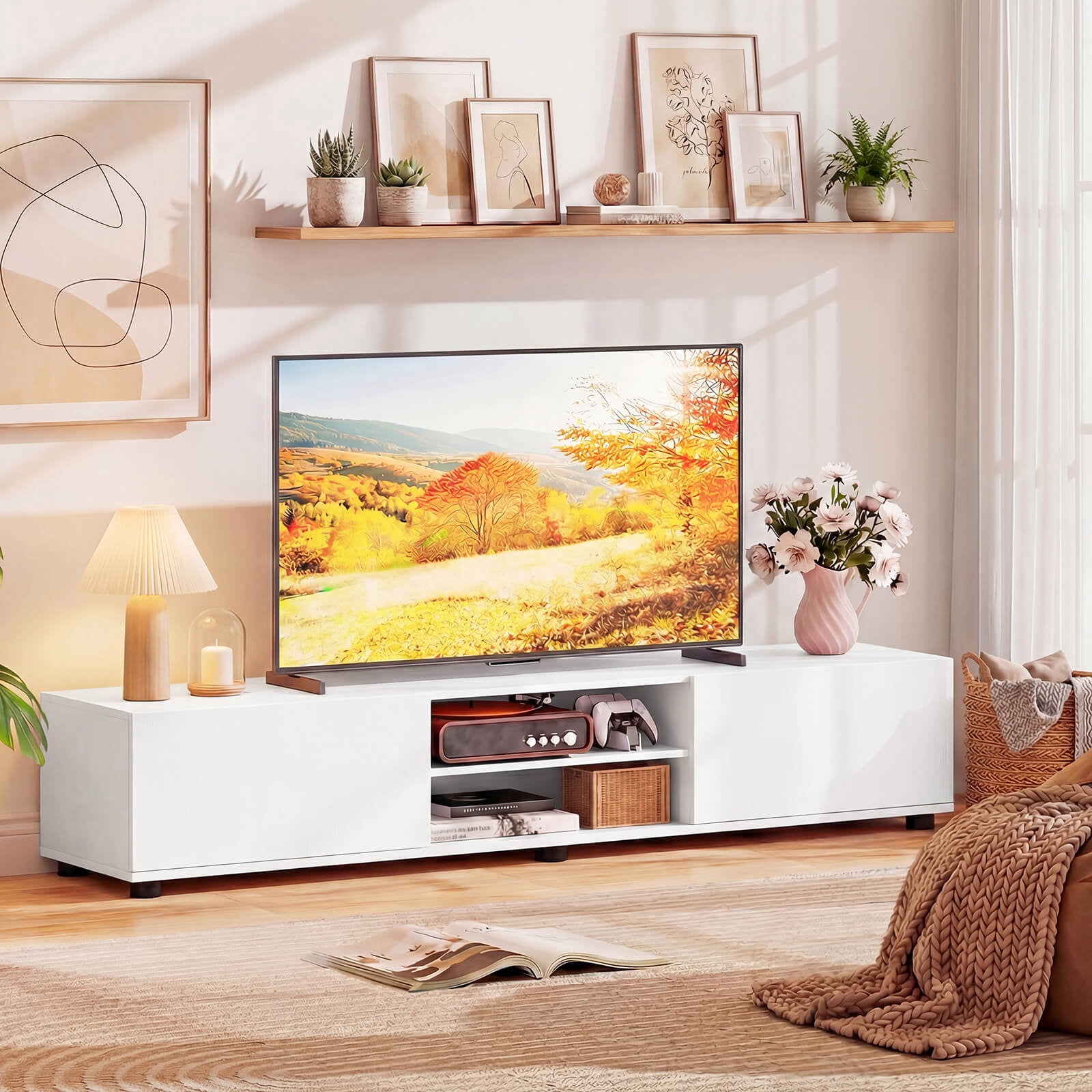 Costway TV Stand for up to 70” TVs, Media Console Table with Double Doors & Open Shelves White