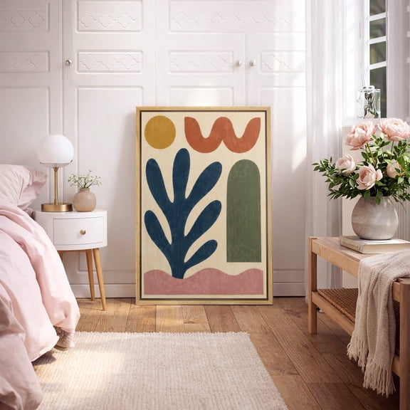 Framed Canvas Print Wall Art Colorful Abstract Shapes with Blue and Green Print Modern Minimalist Artwork For Living Room Decor - 16"x24" NATURAL