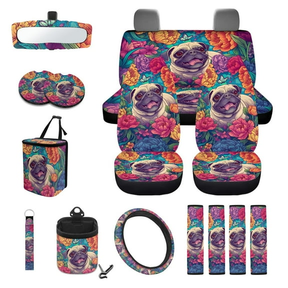 Yuyamidu Pug Auto Seat Cover Full Set of 15 Colorful Flower Car Steering Wheel Protector Seatbelt Strap Pad Trash Can Mount Storage Pocket Cup Holders Rearview Mirror Cover Keychain Universal Fit
