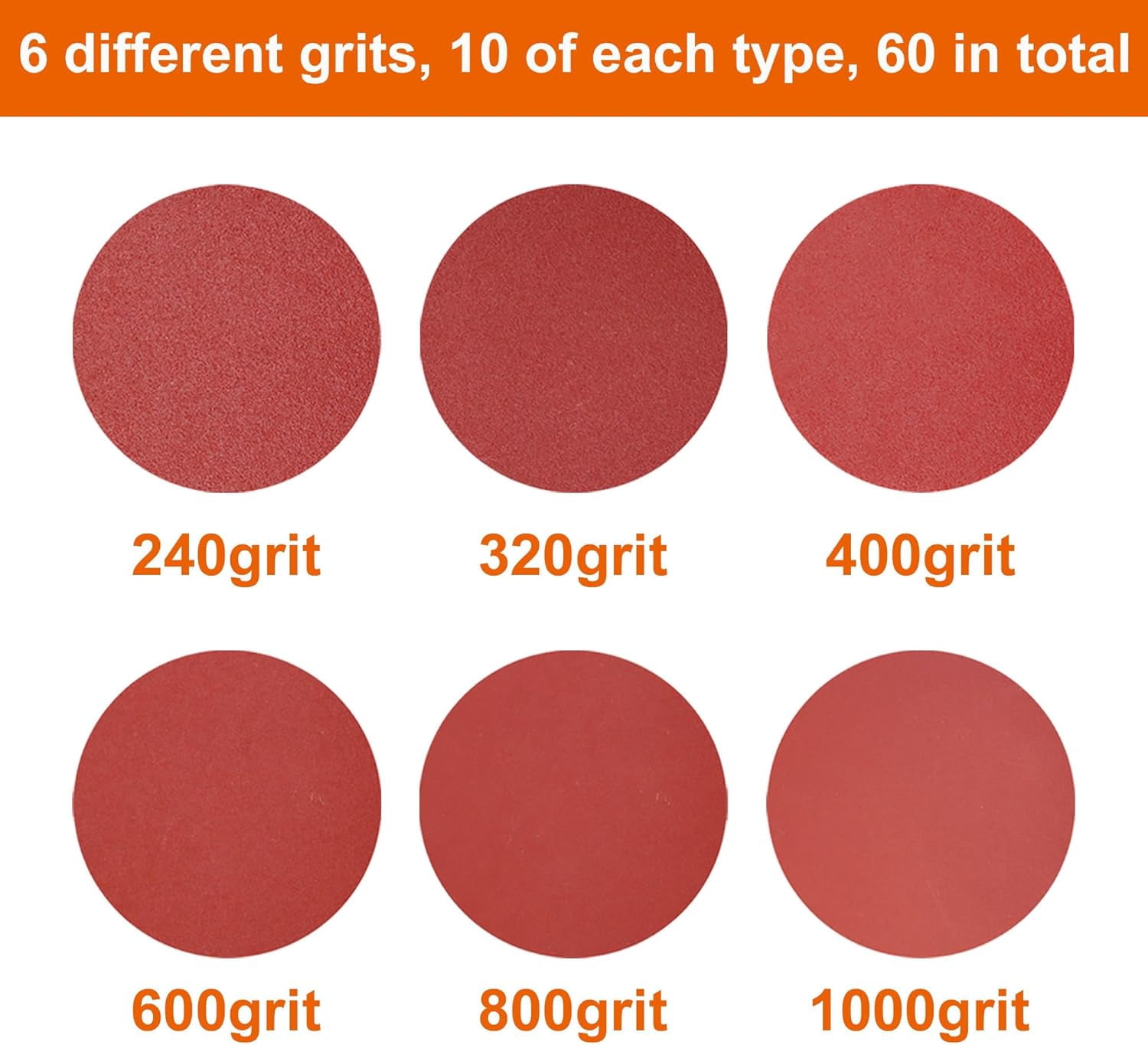 60Pcs Sanding Discs 5 Inch 8 Holes, 1000/800/600/400/320/240 Grit for Random Orbital Sander