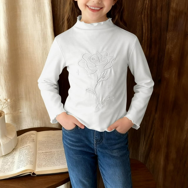 hengsof Girls' Ruffled Turtleneck Long-Sleeved Tops, Floral Patterned Shirts, Comfortable Pullovers, Suitable for Children of All Ages