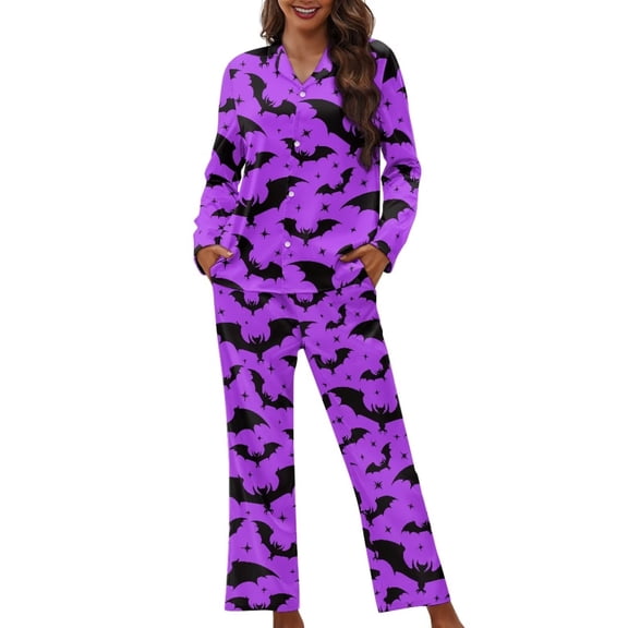 Garronmavis Halloween Purple Bats Pajamas Set for Women Long Sleeve Button Down V-Neck Nightwear Soft Breathable 2-Piece Sleepwear Cozy Loungewear Fall Winter Outfit